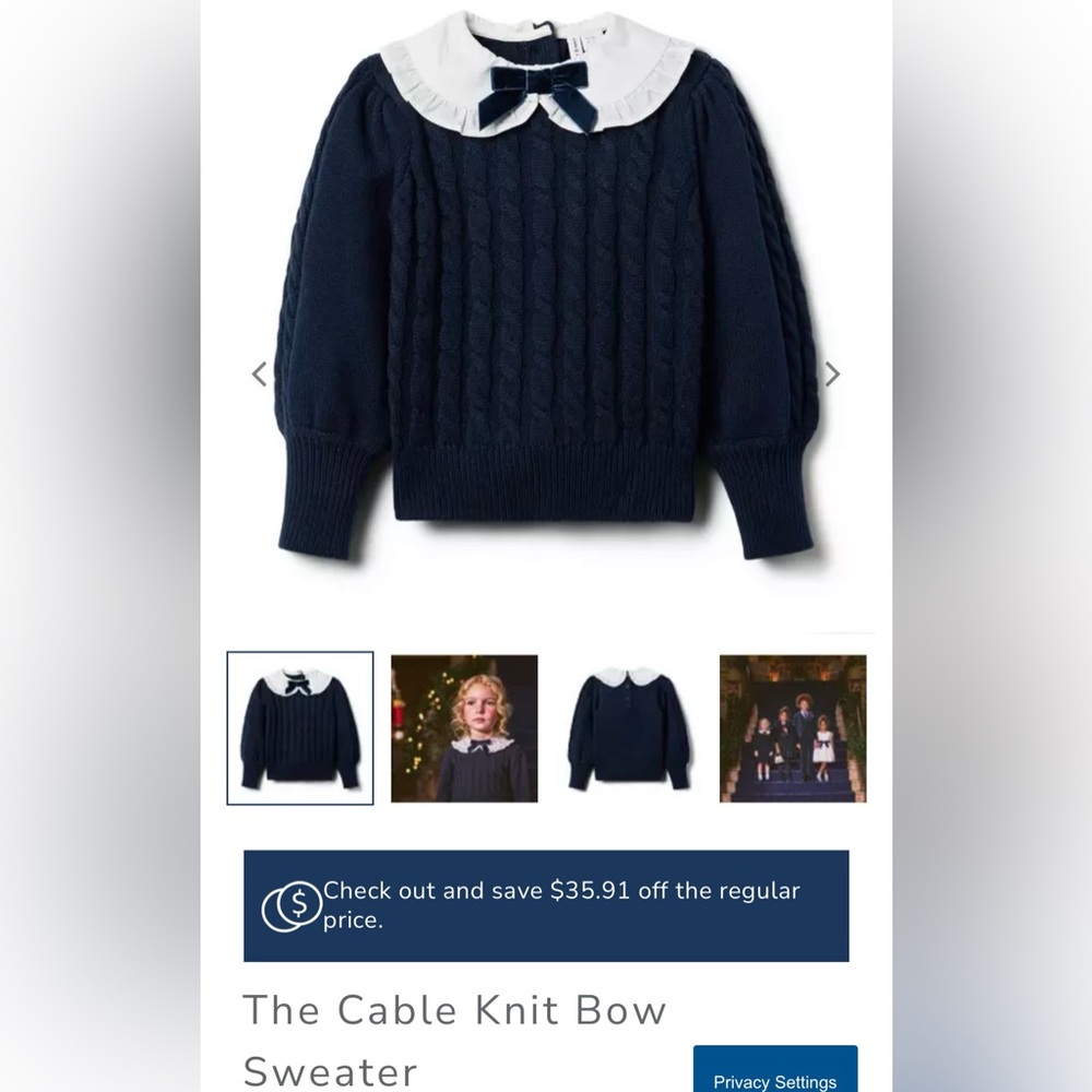 Janie and Jack Navy Cable Knit Sweater with White Peter Pan Collar and Bow